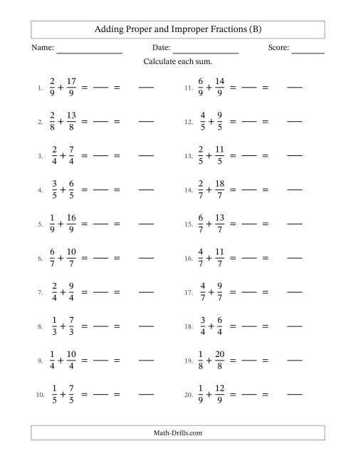 The Adding Proper and Improper Fractions with Equal Denominators, Mixed Fractions Results and No Simplifying (Fillable) (B) Math Worksheet