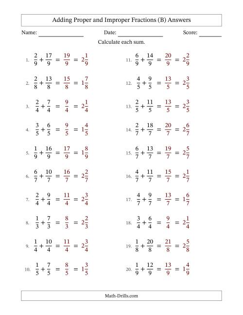 The Adding Proper and Improper Fractions with Equal Denominators, Mixed Fractions Results and No Simplifying (Fillable) (B) Math Worksheet Page 2