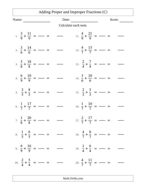 The Adding Proper and Improper Fractions with Equal Denominators, Mixed Fractions Results and No Simplifying (Fillable) (C) Math Worksheet