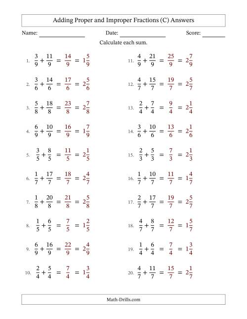The Adding Proper and Improper Fractions with Equal Denominators, Mixed Fractions Results and No Simplifying (Fillable) (C) Math Worksheet Page 2