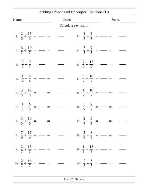The Adding Proper and Improper Fractions with Equal Denominators, Mixed Fractions Results and No Simplifying (Fillable) (D) Math Worksheet