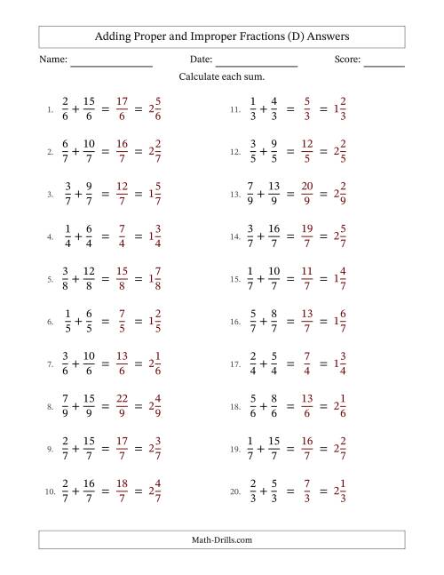 The Adding Proper and Improper Fractions with Equal Denominators, Mixed Fractions Results and No Simplifying (Fillable) (D) Math Worksheet Page 2
