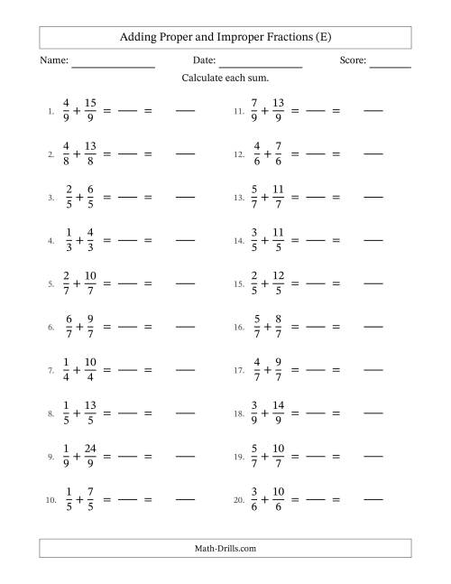 The Adding Proper and Improper Fractions with Equal Denominators, Mixed Fractions Results and No Simplifying (Fillable) (E) Math Worksheet