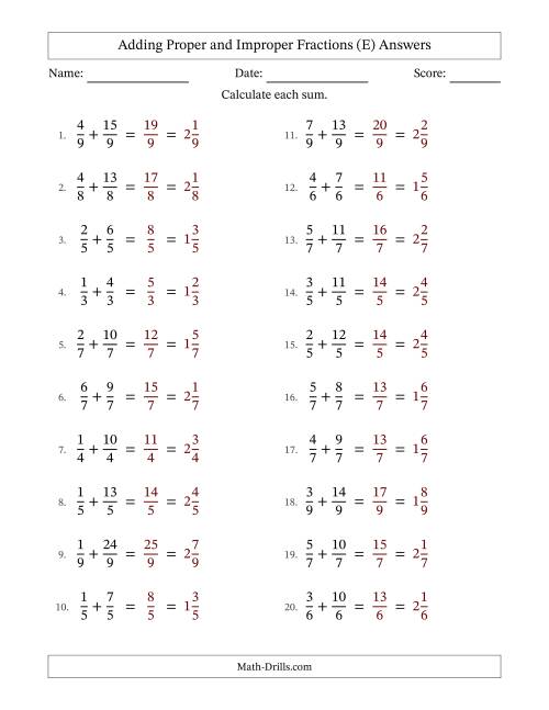 The Adding Proper and Improper Fractions with Equal Denominators, Mixed Fractions Results and No Simplifying (Fillable) (E) Math Worksheet Page 2