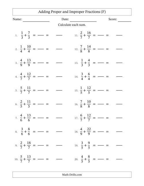 The Adding Proper and Improper Fractions with Equal Denominators, Mixed Fractions Results and No Simplifying (Fillable) (F) Math Worksheet