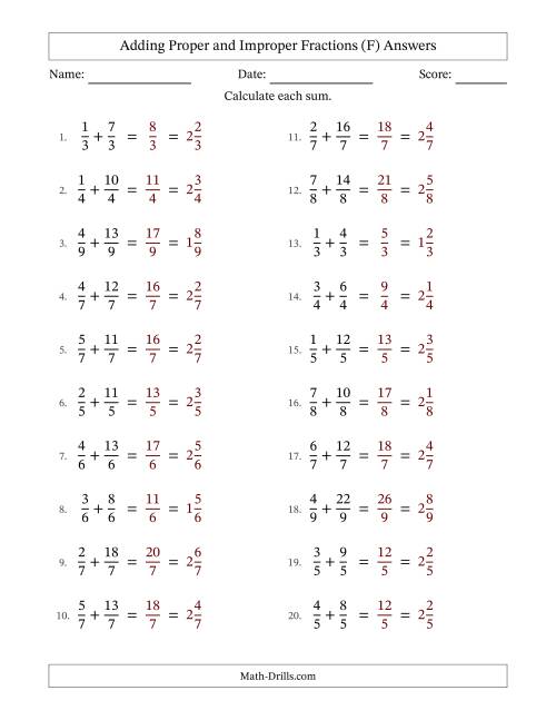 The Adding Proper and Improper Fractions with Equal Denominators, Mixed Fractions Results and No Simplifying (Fillable) (F) Math Worksheet Page 2