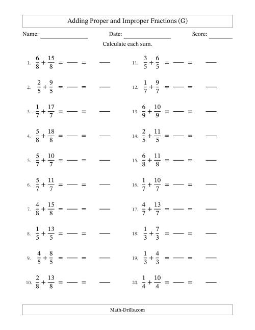The Adding Proper and Improper Fractions with Equal Denominators, Mixed Fractions Results and No Simplifying (Fillable) (G) Math Worksheet