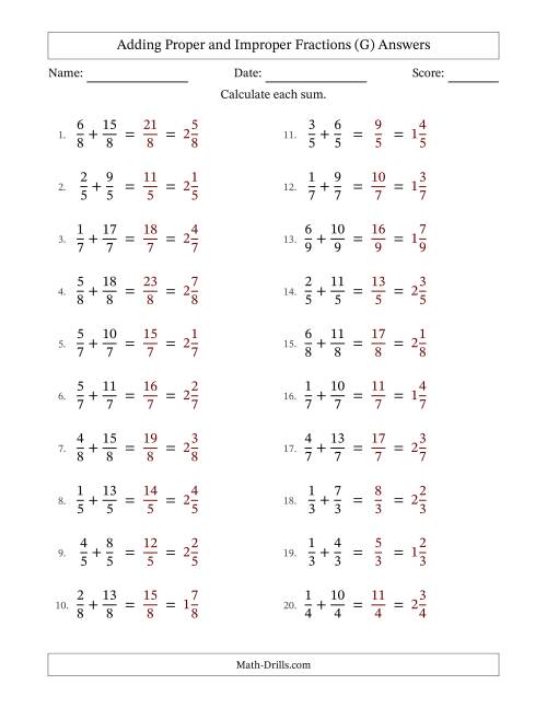 The Adding Proper and Improper Fractions with Equal Denominators, Mixed Fractions Results and No Simplifying (Fillable) (G) Math Worksheet Page 2