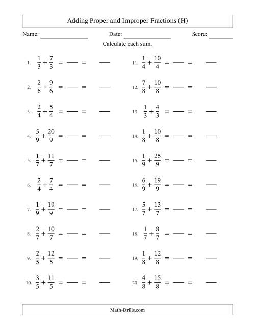 The Adding Proper and Improper Fractions with Equal Denominators, Mixed Fractions Results and No Simplifying (Fillable) (H) Math Worksheet
