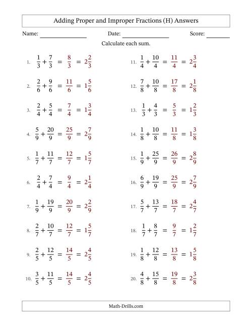 The Adding Proper and Improper Fractions with Equal Denominators, Mixed Fractions Results and No Simplifying (Fillable) (H) Math Worksheet Page 2
