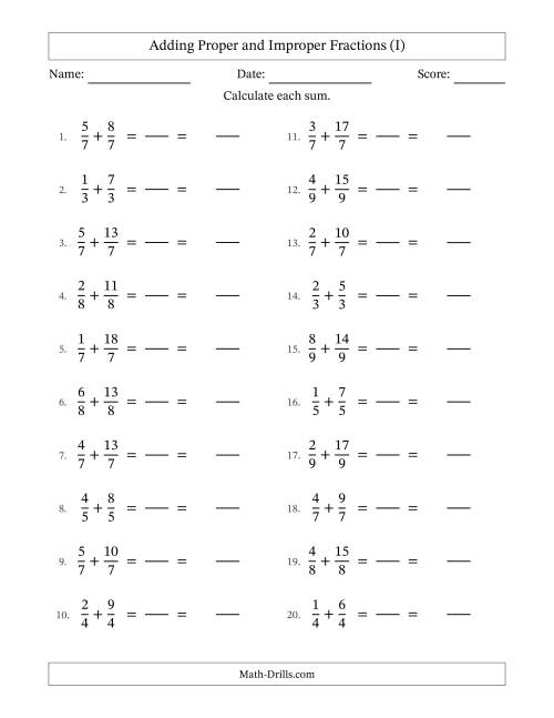 The Adding Proper and Improper Fractions with Equal Denominators, Mixed Fractions Results and No Simplifying (Fillable) (I) Math Worksheet