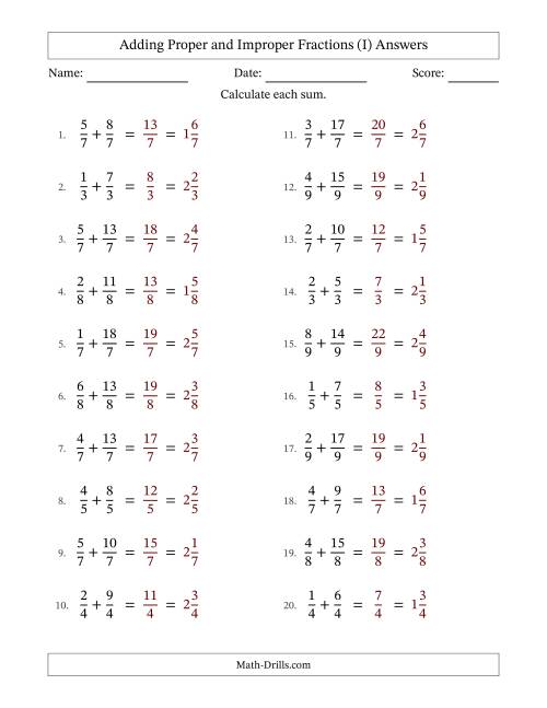 The Adding Proper and Improper Fractions with Equal Denominators, Mixed Fractions Results and No Simplifying (Fillable) (I) Math Worksheet Page 2