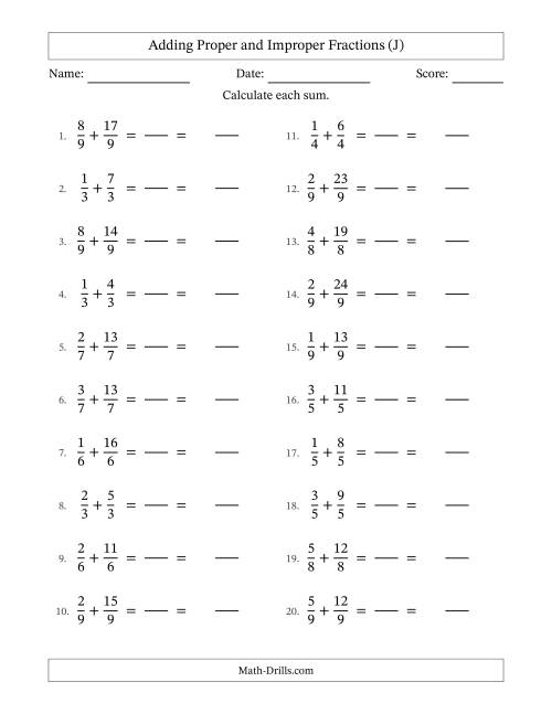 The Adding Proper and Improper Fractions with Equal Denominators, Mixed Fractions Results and No Simplifying (Fillable) (J) Math Worksheet
