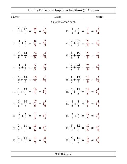 The Adding Proper and Improper Fractions with Equal Denominators, Mixed Fractions Results and No Simplifying (Fillable) (J) Math Worksheet Page 2