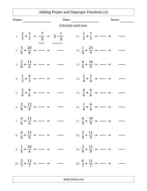 The Adding Proper and Improper Fractions with Equal Denominators, Mixed Fractions Results and No Simplifying (Fillable) (All) Math Worksheet