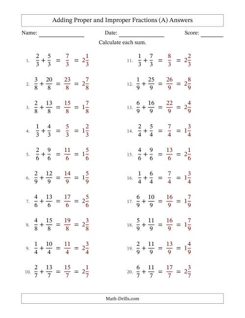The Adding Proper and Improper Fractions with Equal Denominators, Mixed Fractions Results and No Simplifying (Fillable) (All) Math Worksheet Page 2