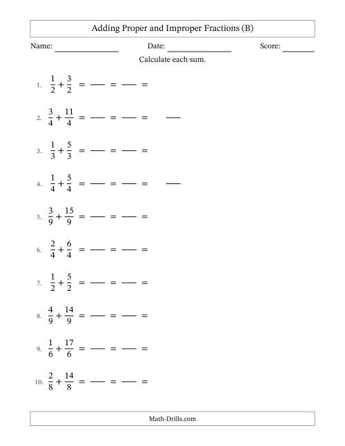 The Adding Proper and Improper Fractions with Equal Denominators, Mixed Fractions Results and All Simplifying (Fillable) (B) Math Worksheet