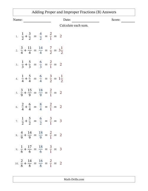 The Adding Proper and Improper Fractions with Equal Denominators, Mixed Fractions Results and All Simplifying (Fillable) (B) Math Worksheet Page 2