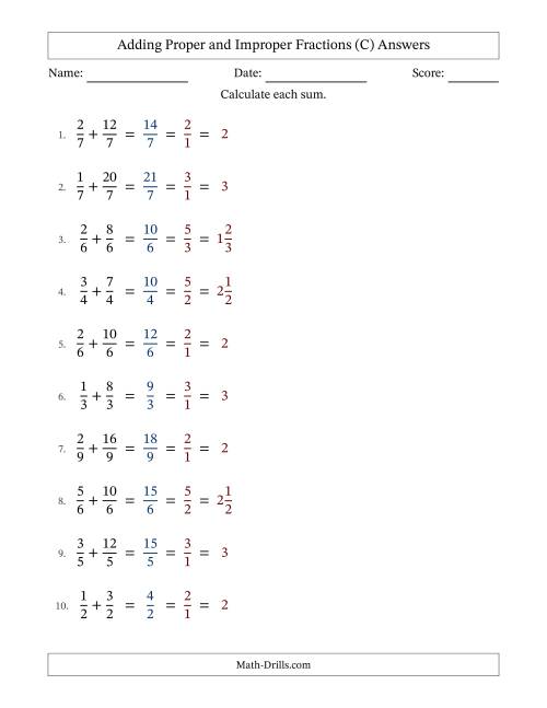 The Adding Proper and Improper Fractions with Equal Denominators, Mixed Fractions Results and All Simplifying (Fillable) (C) Math Worksheet Page 2