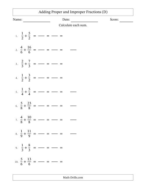 The Adding Proper and Improper Fractions with Equal Denominators, Mixed Fractions Results and All Simplifying (Fillable) (D) Math Worksheet