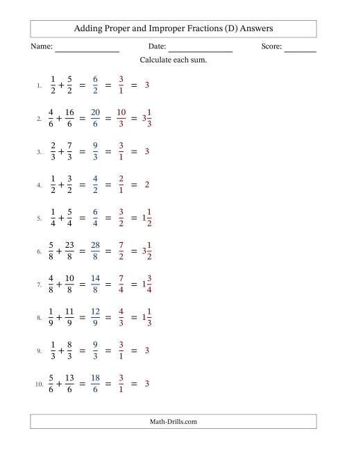 The Adding Proper and Improper Fractions with Equal Denominators, Mixed Fractions Results and All Simplifying (Fillable) (D) Math Worksheet Page 2