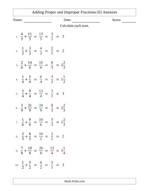 The Adding Proper and Improper Fractions with Equal Denominators, Mixed Fractions Results and All Simplifying (Fillable) (E) Math Worksheet Page 2