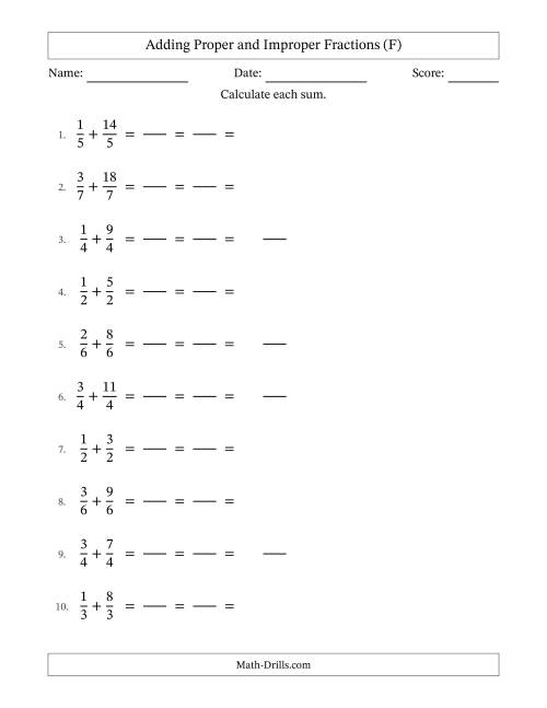 The Adding Proper and Improper Fractions with Equal Denominators, Mixed Fractions Results and All Simplifying (Fillable) (F) Math Worksheet