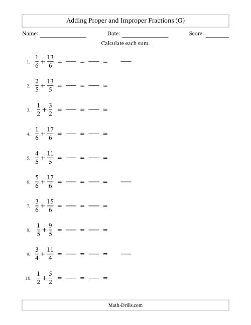 The Adding Proper and Improper Fractions with Equal Denominators, Mixed Fractions Results and All Simplifying (Fillable) (G) Math Worksheet