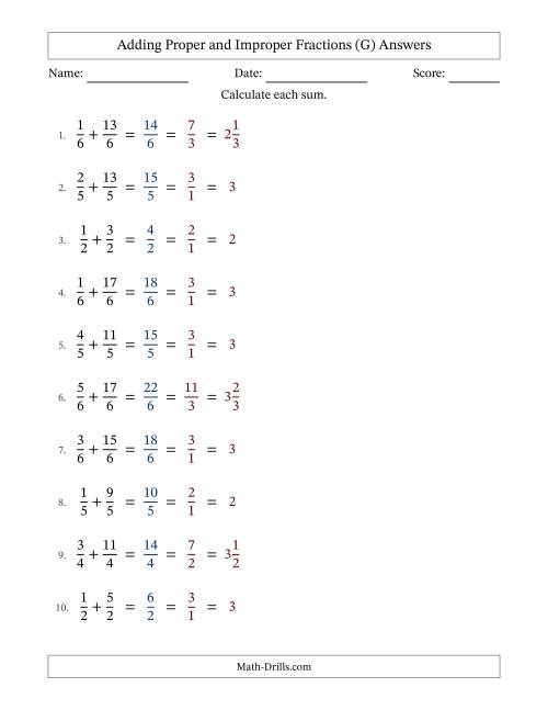 The Adding Proper and Improper Fractions with Equal Denominators, Mixed Fractions Results and All Simplifying (Fillable) (G) Math Worksheet Page 2