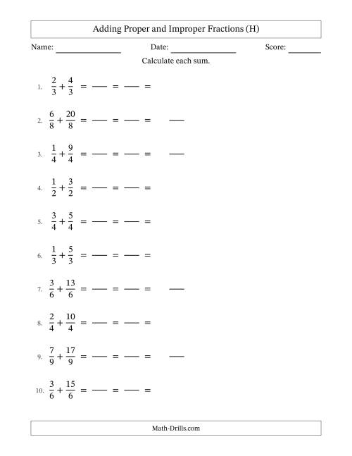 The Adding Proper and Improper Fractions with Equal Denominators, Mixed Fractions Results and All Simplifying (Fillable) (H) Math Worksheet
