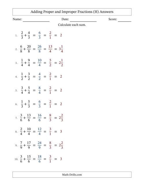 The Adding Proper and Improper Fractions with Equal Denominators, Mixed Fractions Results and All Simplifying (Fillable) (H) Math Worksheet Page 2