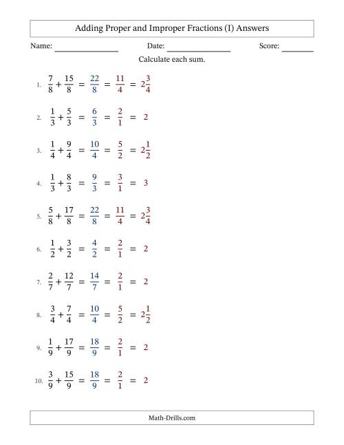 The Adding Proper and Improper Fractions with Equal Denominators, Mixed Fractions Results and All Simplifying (Fillable) (I) Math Worksheet Page 2