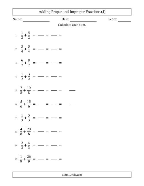 The Adding Proper and Improper Fractions with Equal Denominators, Mixed Fractions Results and All Simplifying (Fillable) (J) Math Worksheet
