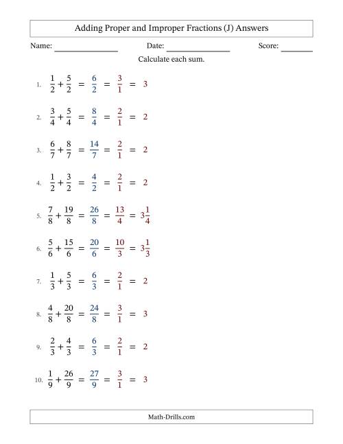 The Adding Proper and Improper Fractions with Equal Denominators, Mixed Fractions Results and All Simplifying (Fillable) (J) Math Worksheet Page 2
