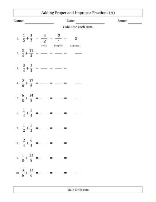 The Adding Proper and Improper Fractions with Equal Denominators, Mixed Fractions Results and All Simplifying (Fillable) (All) Math Worksheet