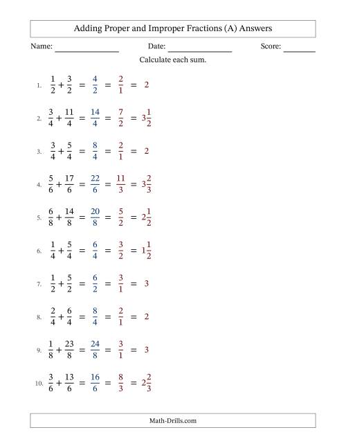 The Adding Proper and Improper Fractions with Equal Denominators, Mixed Fractions Results and All Simplifying (Fillable) (All) Math Worksheet Page 2