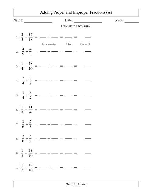 The Adding Proper and Improper Fractions with Similar Denominators, Mixed Fractions Results and No Simplifying (Fillable) (A) Math Worksheet