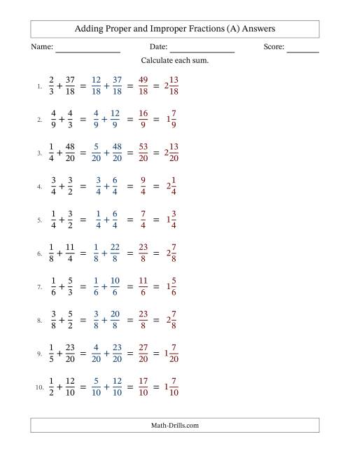 The Adding Proper and Improper Fractions with Similar Denominators, Mixed Fractions Results and No Simplifying (Fillable) (A) Math Worksheet Page 2