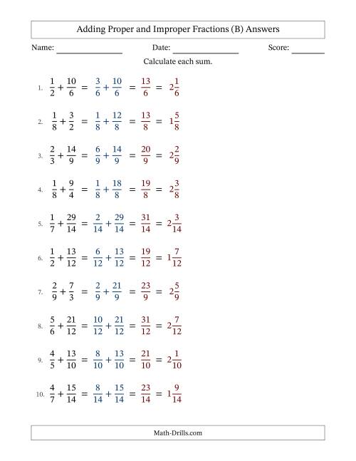 The Adding Proper and Improper Fractions with Similar Denominators, Mixed Fractions Results and No Simplifying (Fillable) (B) Math Worksheet Page 2