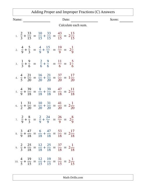 The Adding Proper and Improper Fractions with Similar Denominators, Mixed Fractions Results and No Simplifying (Fillable) (C) Math Worksheet Page 2