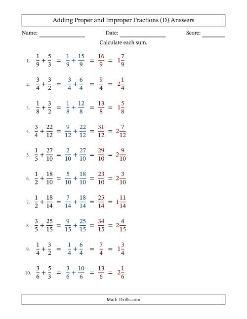 The Adding Proper and Improper Fractions with Similar Denominators, Mixed Fractions Results and No Simplifying (Fillable) (D) Math Worksheet Page 2
