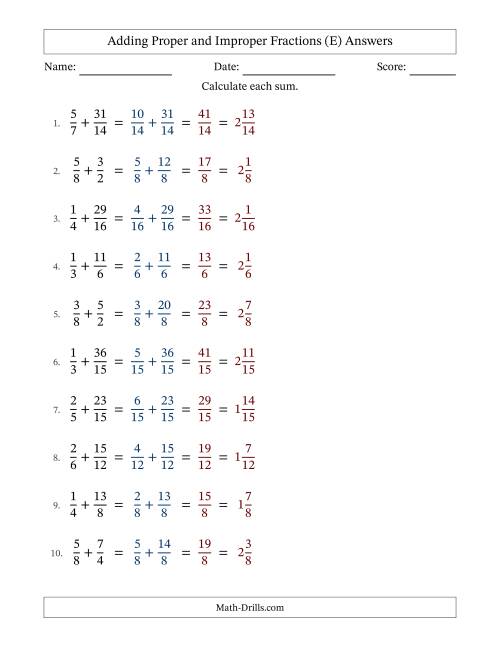 The Adding Proper and Improper Fractions with Similar Denominators, Mixed Fractions Results and No Simplifying (Fillable) (E) Math Worksheet Page 2