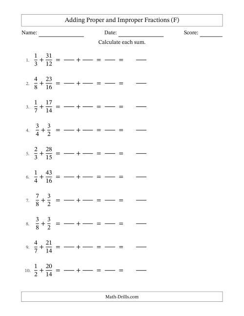 The Adding Proper and Improper Fractions with Similar Denominators, Mixed Fractions Results and No Simplifying (Fillable) (F) Math Worksheet
