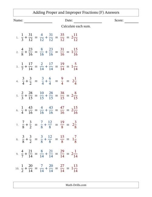 The Adding Proper and Improper Fractions with Similar Denominators, Mixed Fractions Results and No Simplifying (Fillable) (F) Math Worksheet Page 2