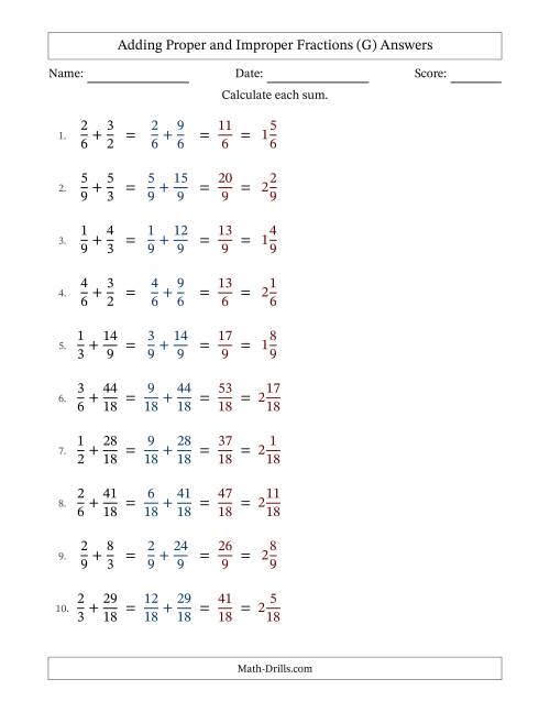 The Adding Proper and Improper Fractions with Similar Denominators, Mixed Fractions Results and No Simplifying (Fillable) (G) Math Worksheet Page 2