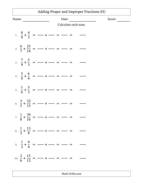 The Adding Proper and Improper Fractions with Similar Denominators, Mixed Fractions Results and No Simplifying (Fillable) (H) Math Worksheet