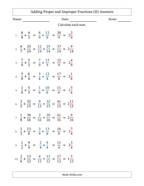 The Adding Proper and Improper Fractions with Similar Denominators, Mixed Fractions Results and No Simplifying (Fillable) (H) Math Worksheet Page 2