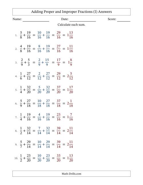 The Adding Proper and Improper Fractions with Similar Denominators, Mixed Fractions Results and No Simplifying (Fillable) (I) Math Worksheet Page 2