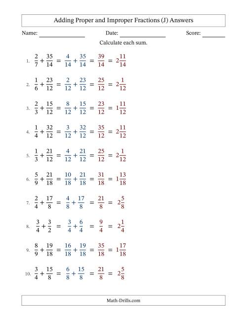 The Adding Proper and Improper Fractions with Similar Denominators, Mixed Fractions Results and No Simplifying (Fillable) (J) Math Worksheet Page 2
