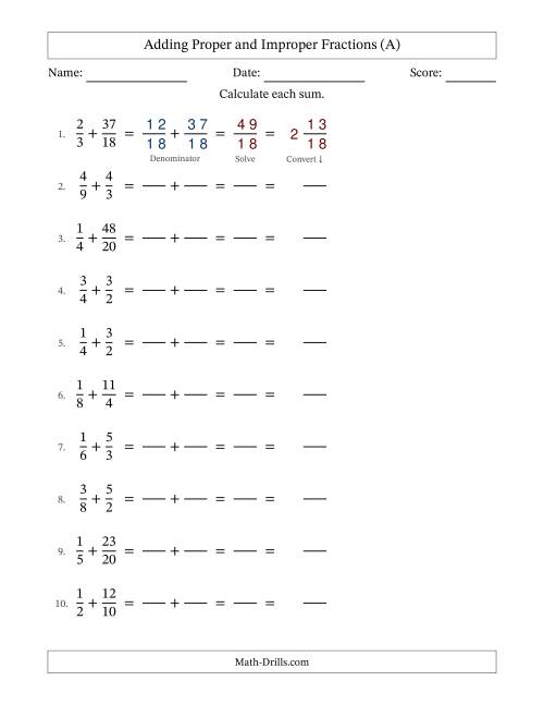 The Adding Proper and Improper Fractions with Similar Denominators, Mixed Fractions Results and No Simplifying (Fillable) (All) Math Worksheet